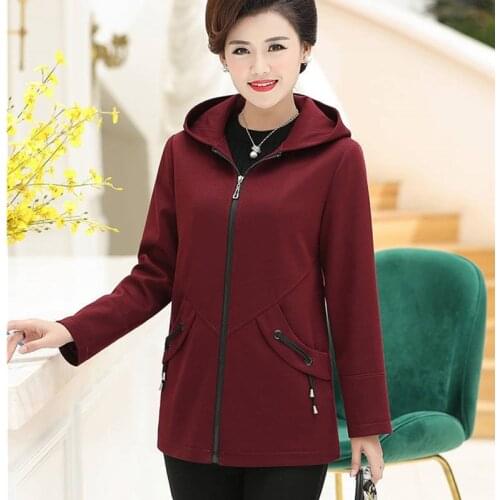 2021 New Spring Mother Hooded Coat Plus Size Middle-aged and Elderly Womens Loose Trench Coat Solid Casual Windbreaker Clothing