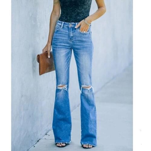 2021 Skinny Flared Jeans Women Jeans Mid-Waist Denim Blue Pants Washed Bootcut Trousers Womens Pants