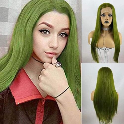 Baicheng Long Olive Green Straight Wigs Synthetic Glueless Wigs Natural Looking for Women Grass Green Middle Parting 13*6