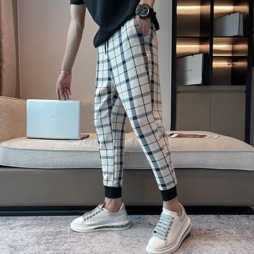 Summer 2021 Plaid Pants Men Casual Harem Pant Men Loose Ankle-Length Pants Man
