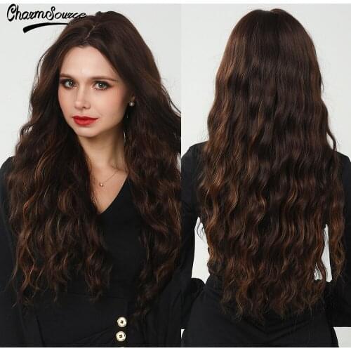 CharmSource Long Dark Brown Front Lace Synthetic Wigs for Black White Women Daily Hair High Density Heat Resistant