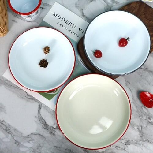 Enamel Round Plate Creative Home Dining Plate Chinese Simple Flat Plate Retro Plate Restaurant Decorated Plate Shallow Plate