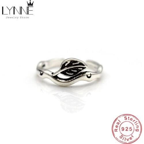 LYNNE Jewelry Ethnic Style Leaf Open Adjustable Rings 925 Sterling Silver Simple Design Vintage Leaves Ring Woman Delicate Gift