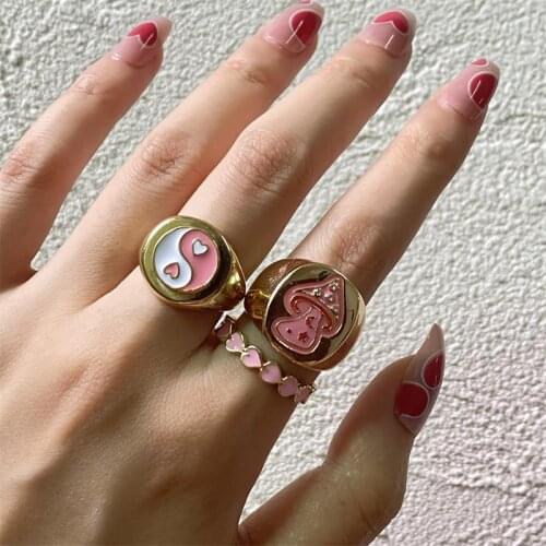New Ins Vintage Color Cute Pink Mushroom Ring Simple Metal Drop Oil Plant Mushroom Rings For Women Girls Fashion Jewelry Gift