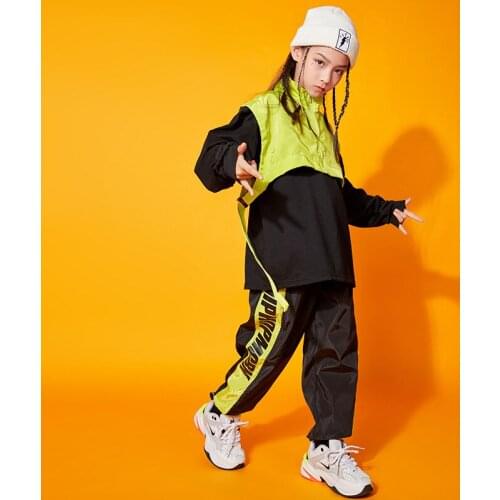 Kids Jazz Dance Costume Girls Hip Hop Stage Wear Outfits Sweatshirt Zip Coat Tops Pants Street Dancing Wear Performance Clothes