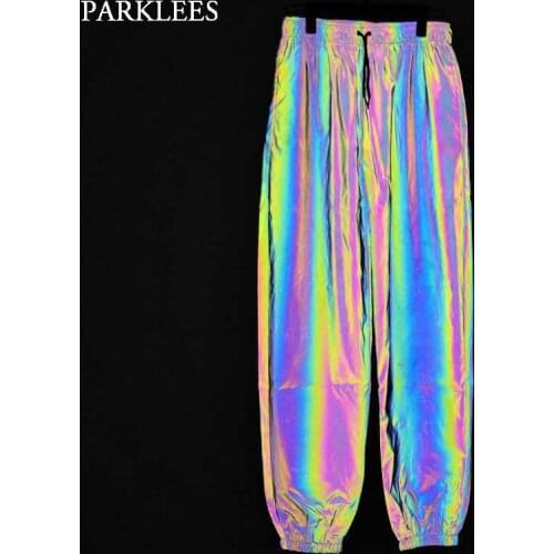 Colorful Rainbow Reflective Pants Men Hip Hop Dance Fluorescent Trousers Mens Casual Harajuku Night Sporting Jogger Pants Male