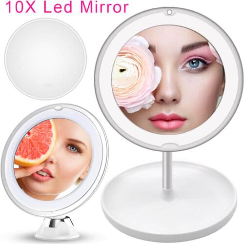 10X LED Light Makeup Mirror Lamp Magnifier Battery Portable Hand Vanity Glass Mini Miroir Bathroom Cosmetic Bath Suction Cup