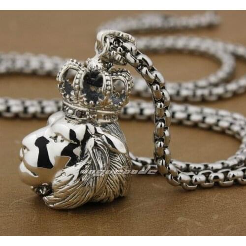 LINSION 925 Sterling Silver Crown Guardians King Lion Mens Biker Punk Pendant 8B002
