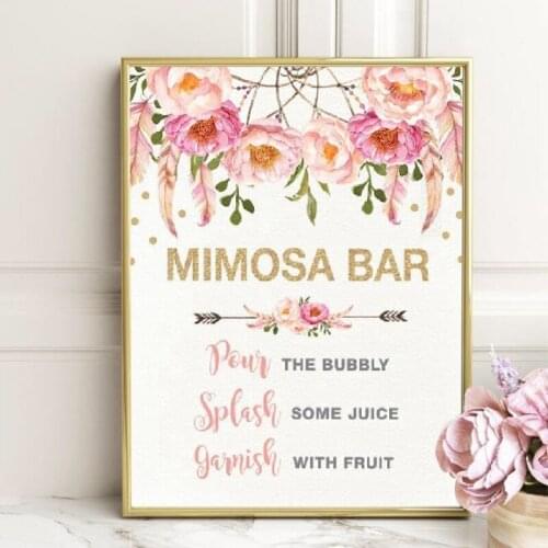 MIMOSA BAR Sign Print Pink Floral Boho Bridal Shower Decoration Watercolor Dreamcatcher Rustic Flowers Canvas Painting Picture