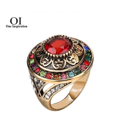 OI Royal Style Colorful Crystal Turkish Wide Ring Turkey Flower Round Resin Party Jewelry Vintage Lady Finger Ring
