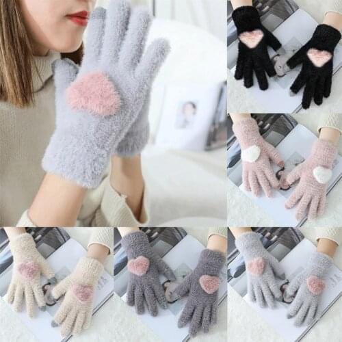 Winter Telefingers Gloves Touch Screen Plush Love Heart Knitted Gloves Healing Hands Womens Gloves Outdoor Soft Warm Mittens