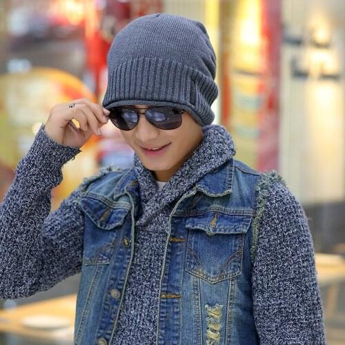 New plus cashmere hat striped letters knit cap fall and winter hooded male ski cap Skullies & Beanies