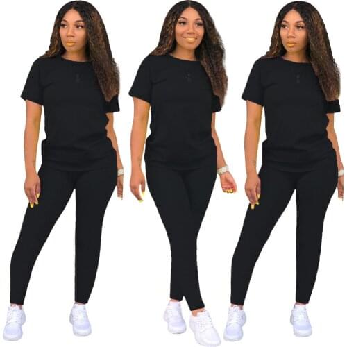 Vetement Femme 2021 Summer Fashion Pure Color Sports Short Sleeve Fitness Trousers Suit Leisure Two-piece Suit