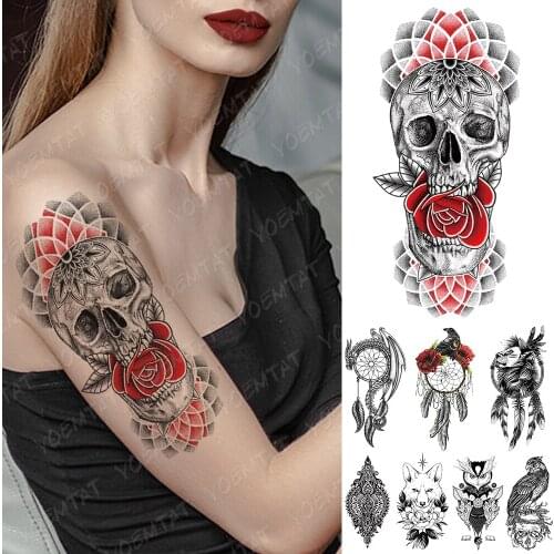 Waterproof Temporary Tattoo Sticker Red skull dragon lion Tattoos Dreamcatcher Bird Body Art Arm Fake Sleeve Tatoo Women Men