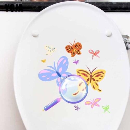 YOJA 21.6X22.3CM Butterfly In Magnifier Wall Decal Living Room Home Decor Toilet Sticker Cartoon Animal T3-1331