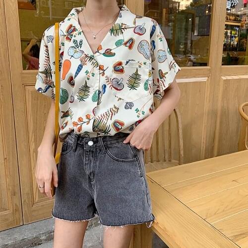 Harajuku Angel Print Womens Flower Shirt Vintage Elegant Blouse for Girls 2021 Short Sleeve Female Clothes Kawaii 90s Tops