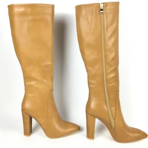 Womens Shoes Pointed Toe High Heels Knee Boots Full Zipper Block Heel Brown US 9 EU39
