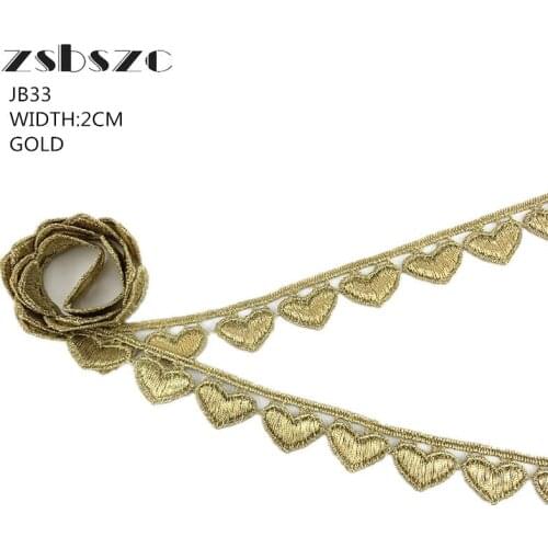 2CM Width 10Yards Gold Lace Trim Fabric Embroidered Heart Crocheted DIY Craft Sewing Supplies