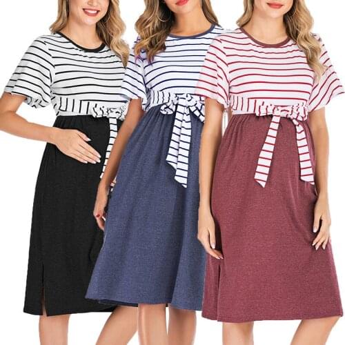 2021 fashion short-sleeved striped dress round-necked pregnant women maternity clothes