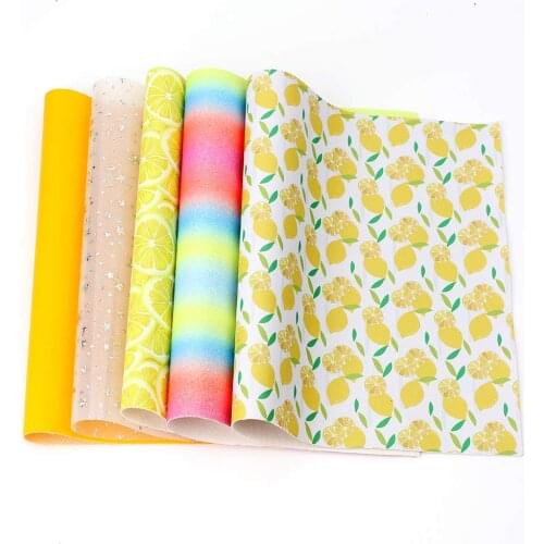 AHB 22*30cm 5pcs/set Glitter Faux Leather Sheets Cartoon Lemon Fruits Printed Synthetic Leather Fabric DIY Bows Handmade Crafts