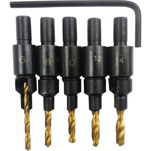 5 PCS HSS Screw Countersink Drill Bit Woodworkers Pilot Holes Drill Bit#6 #8 #10 #12 # 14 Counterbore Counter Quick Change