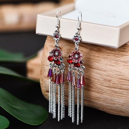 Bohemian Silver Color Dream Catcher Leaf Tassel Earrings For Women Indian Jewelry Long Chain Beads Drop Dangle Earrings