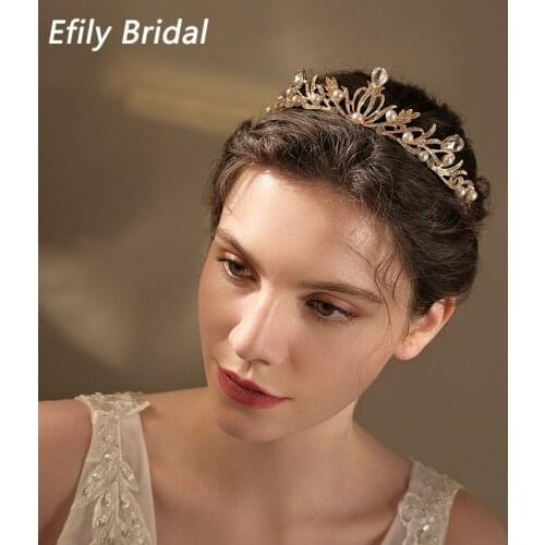 Efily Bridal Crown Rhinestone Gold Tiaras and Crowns for Women Pearl Bride Wedding Hair Accessories Party Hair Jewelry Gift