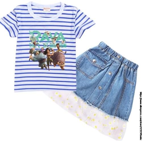 Raya and The Last Dragon Girls Clothing Set Girls Clothes Cartoon Stripe Short-Sleeve T-Shirt + Denim skirt Suit Children Sets