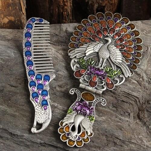 Lucky Peacock Open-screen Dressing Mirror Creative Gift Handle Mirror Beauty Mirror Classical Carry-on Makeup Mirror Comb Set