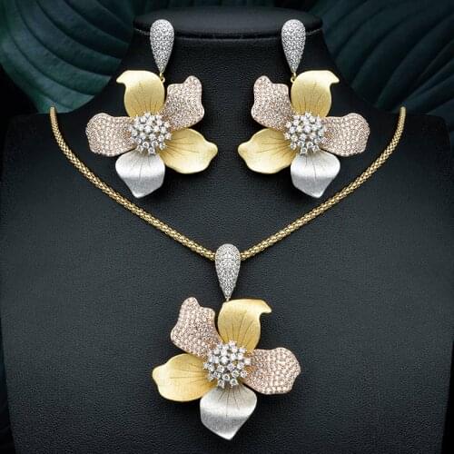 ModemAngel 3 Tone Copper Luxury Delicate Flower for Women Pendant Necklace And Earring Wedding Party Jewelry Sets