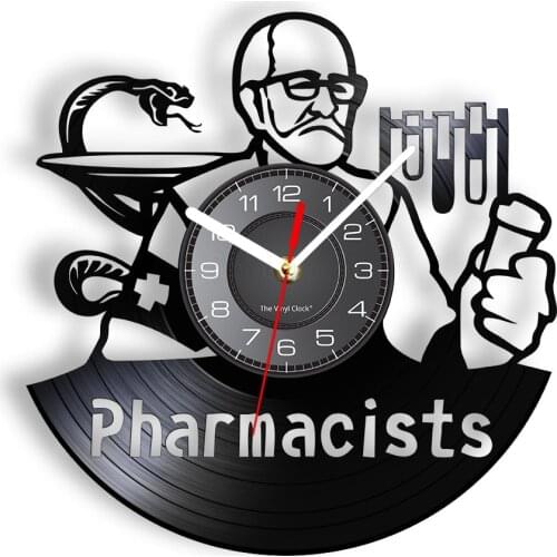 Pharmacists Wall Clock Made Of Real Vinyl Record Medicine Snake Test Tube Wall Watch With LED Backlight Pharmacy Hanging Decor