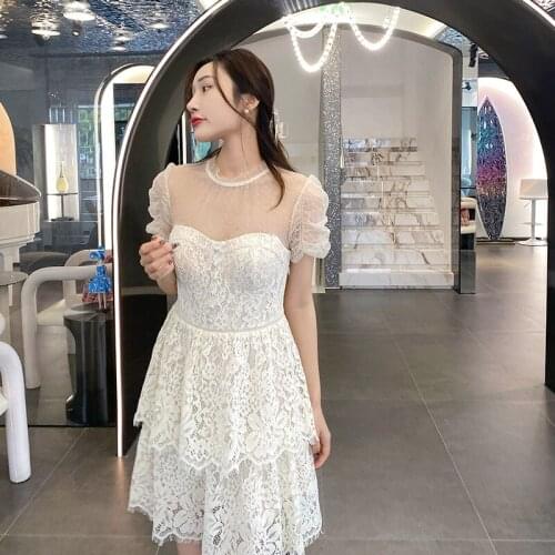 New Style Wooden Ear Flying Sleeves Mesh Polka Dot Water Soluble Lace Slim Fit Patchwork Dress Womens Clothing