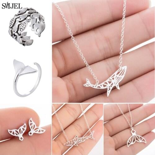 SMJEL Origami Fish Necklaces Stainless Steel Whale Tail Pendants Necklaces Fashion Fish Jewelry Collier Femme Wholesale 2019