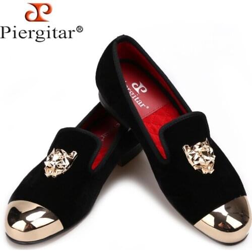 Piergitar 2019 Black velvet shoes with gold Tiger buckle party and wedding men loafers Plus size men casual shoes males flats