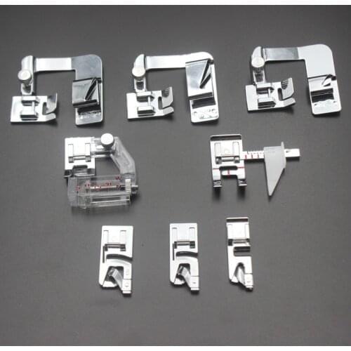 8pcs/set Cloth Strip Edge Curling Presser Foot for Sewing Machine Metal Wide Flat Seam Zigzag Crimping Sewing Machine Foot Suits