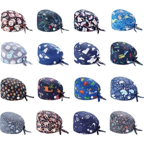 Button Adjustable Pet Grooming Agency Work Scrubs Caps Cartoon Cute Nurse Cap Cat Printing Working Cap Anti-dust