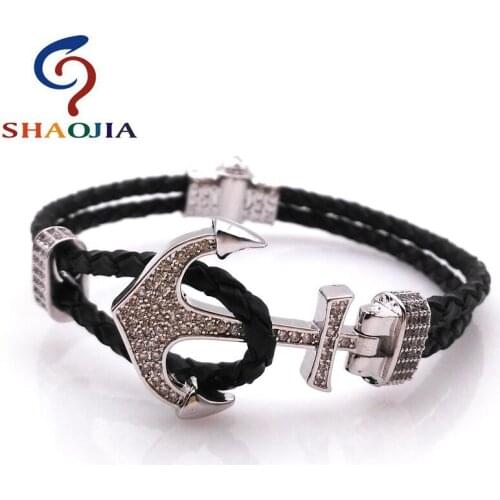 SHAOJIA Fashion Hot Sales Brand Jewelry Micro-zircon Mens Bracelet Boat Anchor Leather Bracelet Rope Vintage Cuff Bracelet