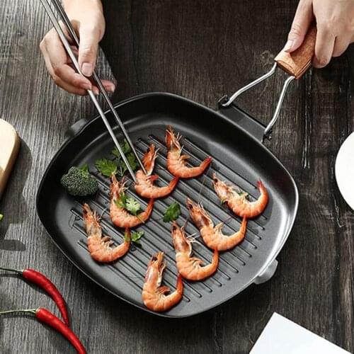 New Fine Iron Non-stick Steak Frying Pan Wooden Handle Foldable Steak Pot Thicken Striped Square Grill Pan 20 CM 24 CM 28 CM