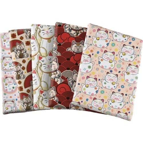 Lucky Cat Pattern Bubble Cloth Printing Low Elastic Polyester Fabric DIY Craft Clothing Sewing Supplies 50 * 145 Cm