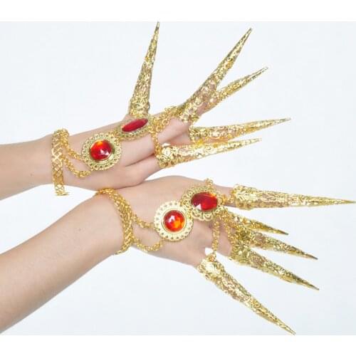 Unique Authentic Dancer Gold Bracelet with Long Finger Nails Costume Accessories for Belly Dance Thai Dance Carnival Halloween