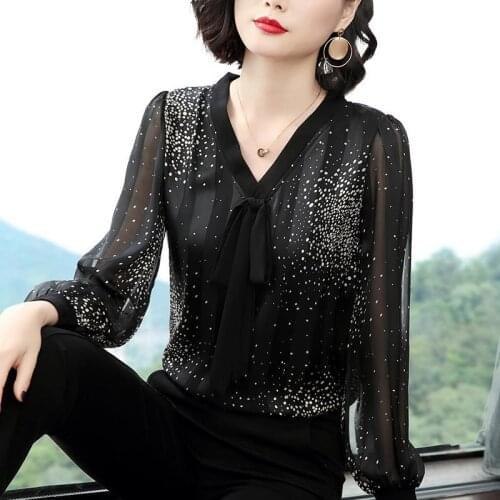 V-Neck Chiffon Women Blouse Black Summer New 2021 Polka Dor Loose Long-Sleeved Elegant Office Lady Pulls Tops
