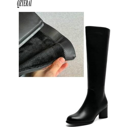 QZYERAI black knee boots Genuine leather Female boots warm Womens boots 6 cm high heels Head layer cowhide Womens shoes
