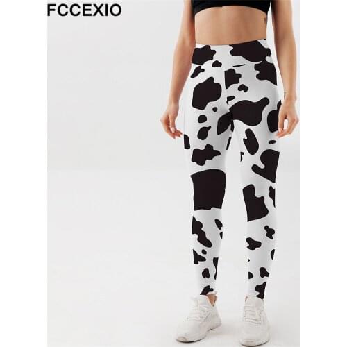 FCCEXIO 3D Black Cow Pattern Print Women High Waist Workout Pant Plus Size Fitness Slim Soft Stretch Sexy Leggings
