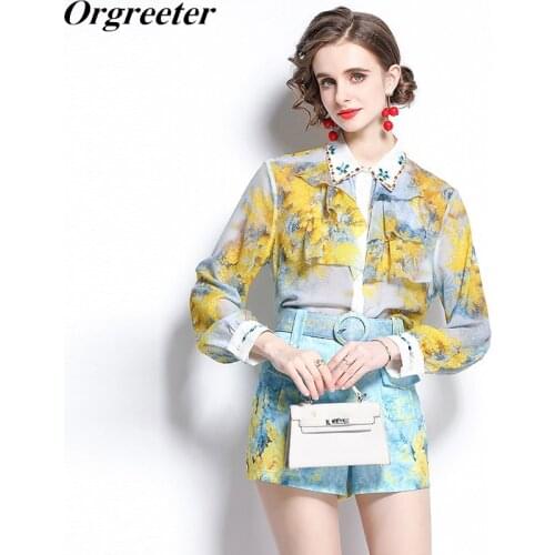 Summer Fall New Runway Designer Diamond Beading Ruffles Long Lantern Sleeve Shirts + Pocket Shorts Two piece set With Belt