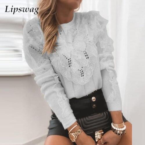 2021 Fashion Casual O-Neck Long Sleeve Pullover Tops Autumn New Elegant Lace Hollow Out Design Sweater Women Solid Color Jumpers