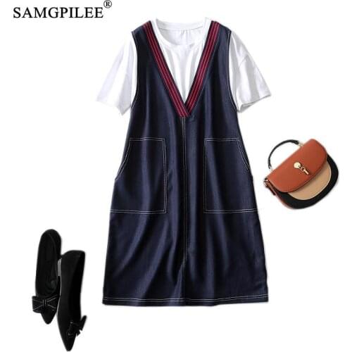 Summer Clothes For Women 2021 New Office Lady A-line Patchwork Short Sleeve Knee-length O-neck Fake Two Piece Dress Woman 4XL