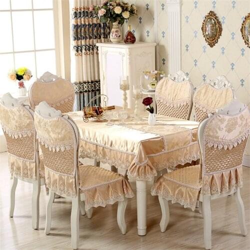 7Pcs/set Imitation Silk Household Stitching Dining Chair Cover Cushion Tablecloth Set, Table Runner & Tablecloth Version