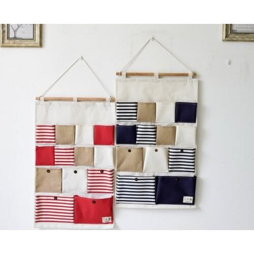 75*45CM Stripe Joining Together Storage Bag 13 PocketS Cotton And Linen Zakka Wall Hanging Storage Pockets Home Organizer Bags
