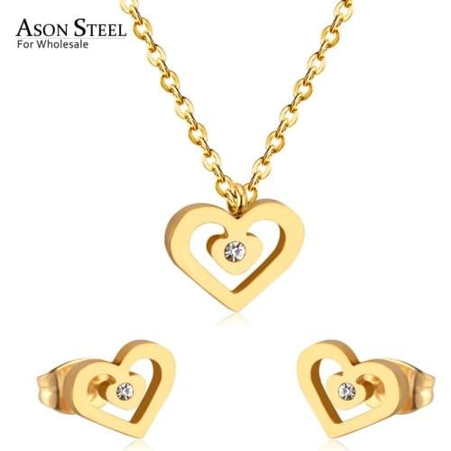 ASONSTEEL Romantic Jewelry Set Heart Cubic Zirconia Necklace & Earrings Gold/Silver Color Stainless Steel for Women Gift