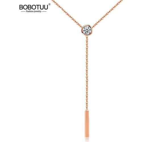 BOBOTUU Fine Style Creative Tassel Cubic Zirconia Pendant Necklaces Rose Gold Stainless Steel Female Chain Necklace BN17069